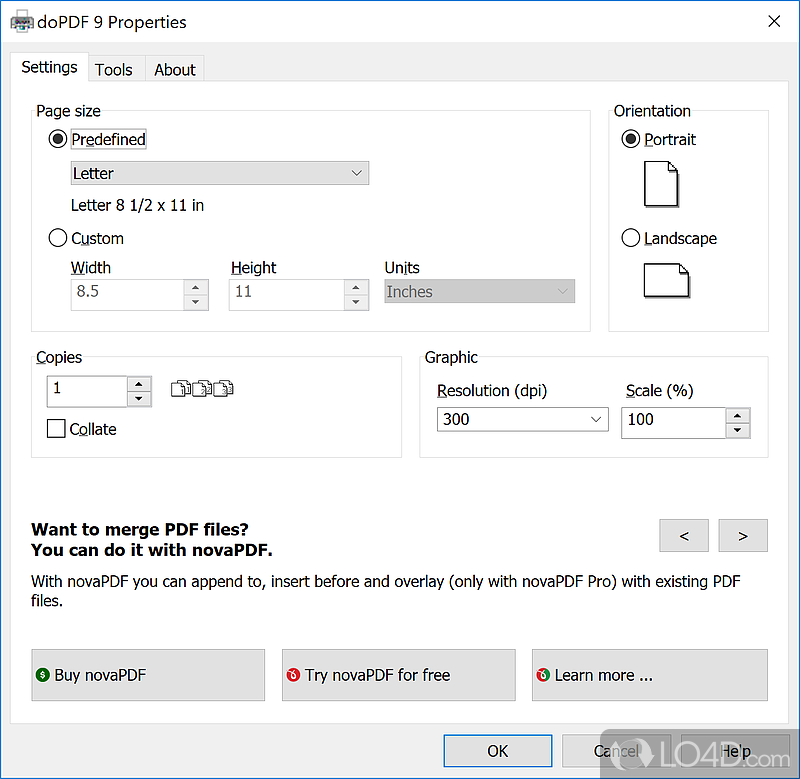 Converts any printable document to PDF format while allowing you to select the page size - Screenshot of doPDF