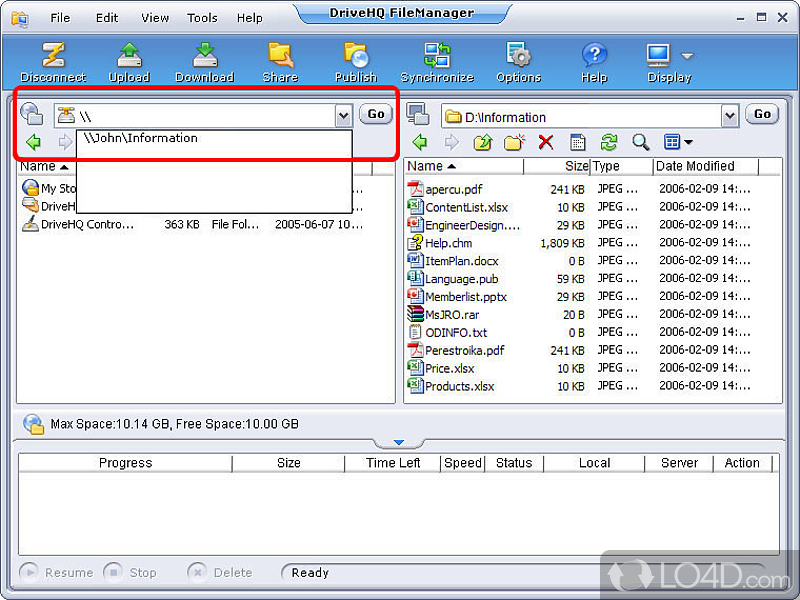 DriveHQ FileManager: User interface - Screenshot of DriveHQ FileManager