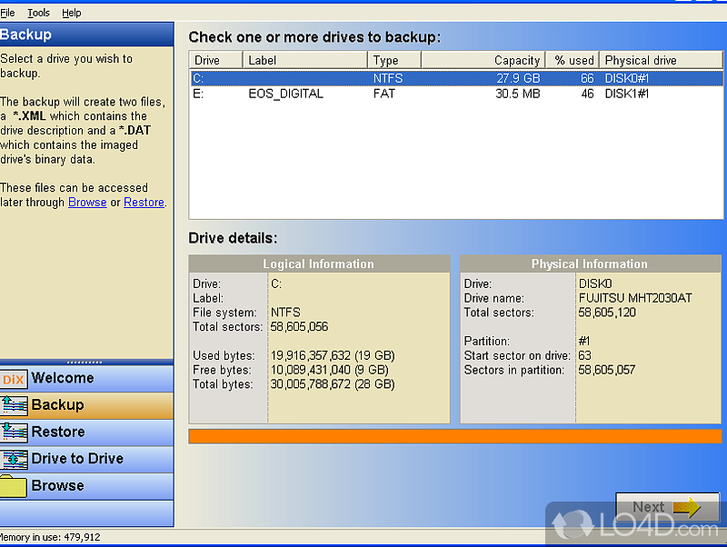 Backup and image logical drives and partitions, create hot images, copy one drive to another - Screenshot of DriveImage XML