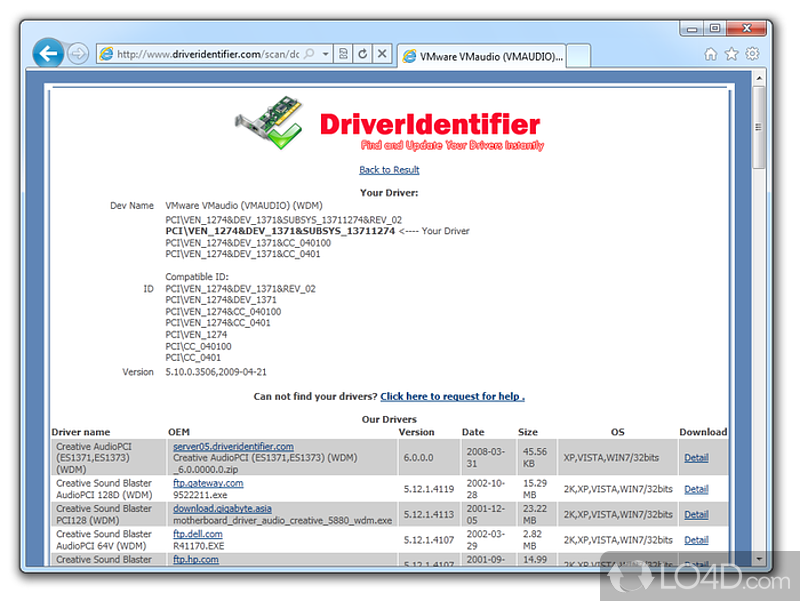 Driver Identifier: User interface - Screenshot of Driver Identifier