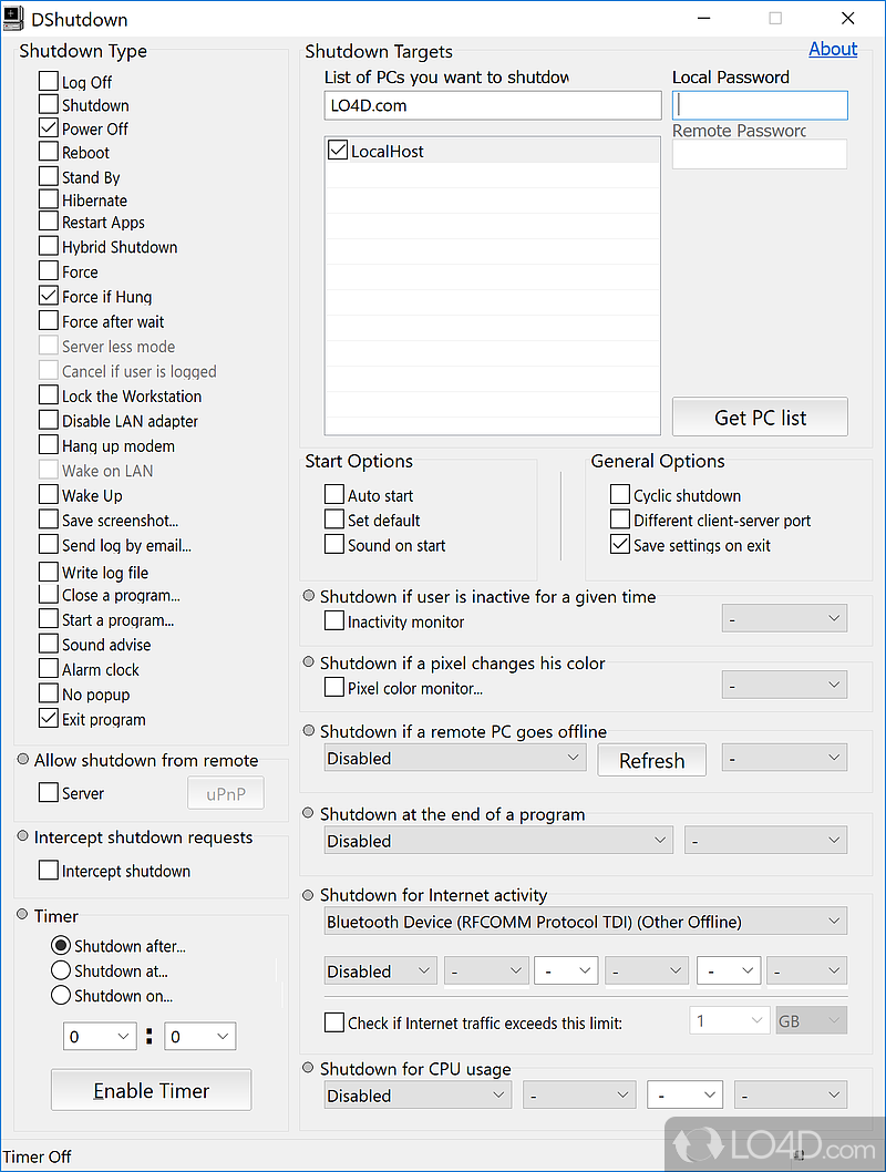 Schedule computer shutdown and configure power off actions to be triggered by user inactivity - Screenshot of DShutdown