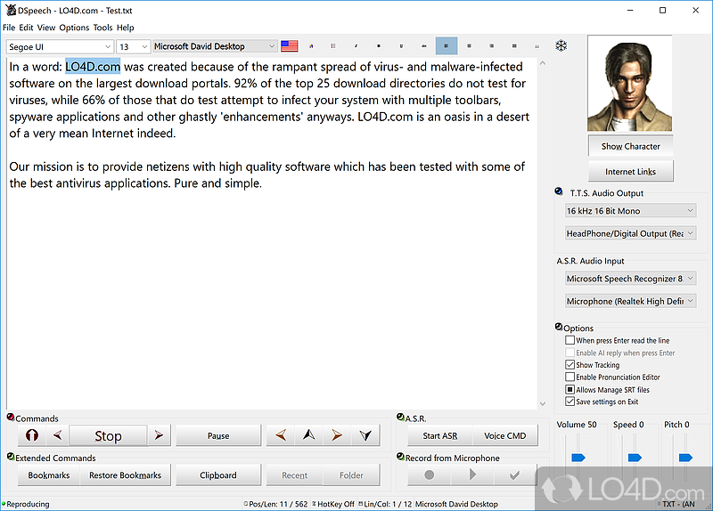 Utility designed to work as a text to speech tool that can easily read the text you enter - Screenshot of DSpeech