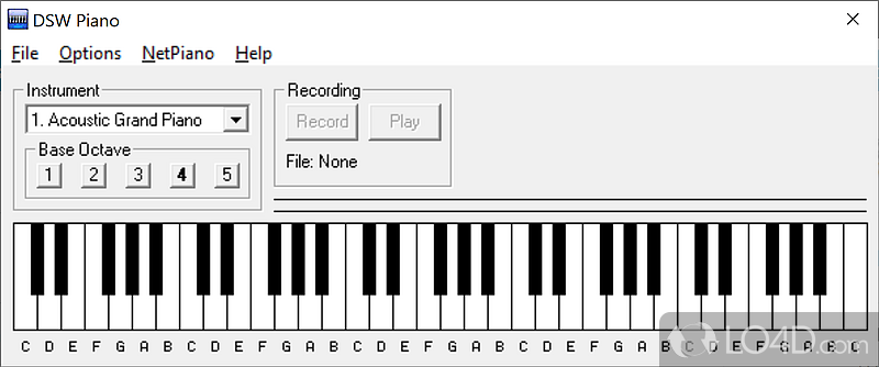Transforms PC Keyboard into a piano, or any of the 128 General MIDI instruments available on any computer with a soundcard - Screenshot of DSW Piano