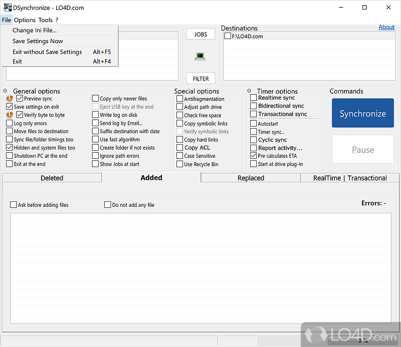 Select folders and tweak several options - Screenshot of DSynchronize