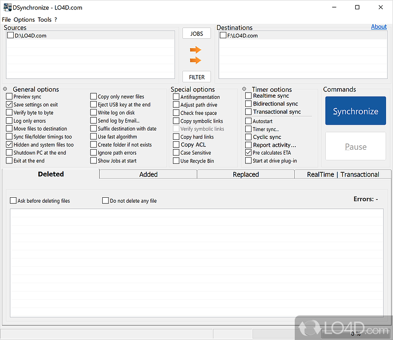 Can synchronize two or more folders, create inclusion and exclusion filters, schedule jobs and view logs in the main window - Screenshot of DSynchronize