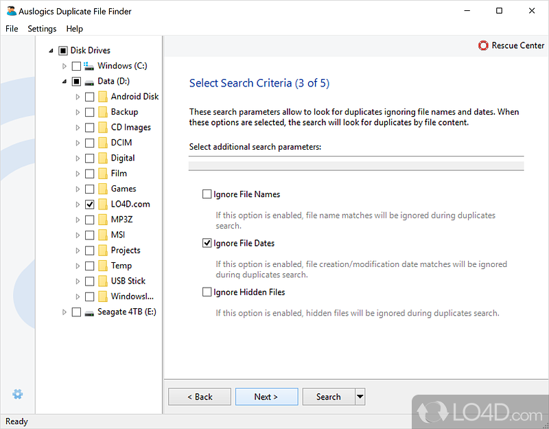 Auslogics Duplicate File Finder: User interface - Screenshot of Auslogics Duplicate File Finder