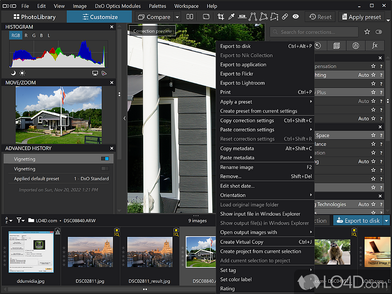 Handy context menu - Screenshot of DxO PhotoLab