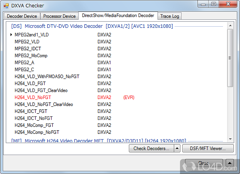 DXVA Checker: View trace logs - Screenshot of DXVA Checker