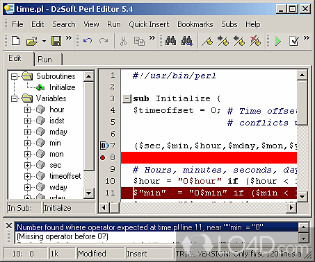 Perl CGI script editor that integrates support for debugging mode, syntax highlighting, customizable code snippets - Screenshot of DzSoft Perl Editor