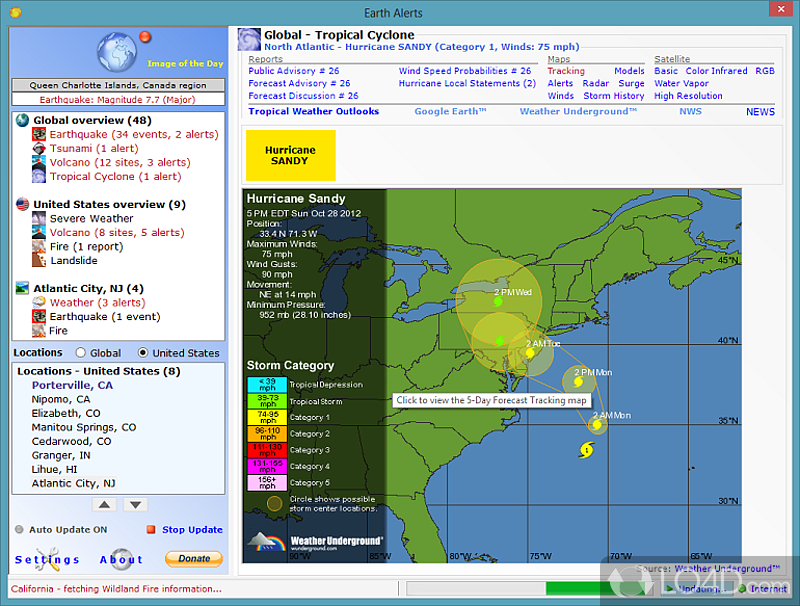 Create a list with global and US locations to monitor - Screenshot of Earth Alerts