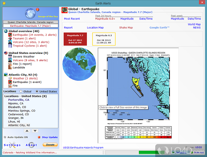 View weather conditions for multiple global locations at the same time - Screenshot of Earth Alerts