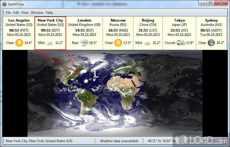 Software utility that displays the local time of any place in the world with the aid of a map - Screenshot of EarthTime