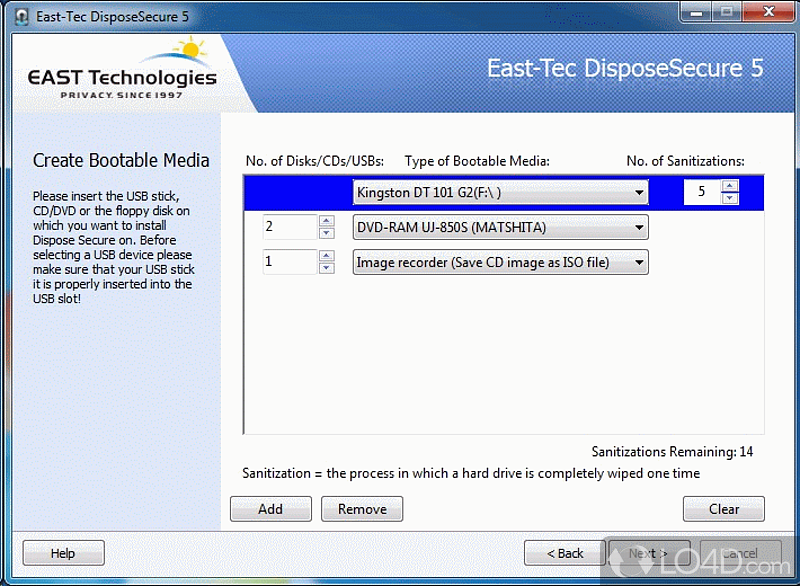 Can wipe hard disk and permanently delete any trace of sensitive information from computer - Screenshot of DisposeSecure