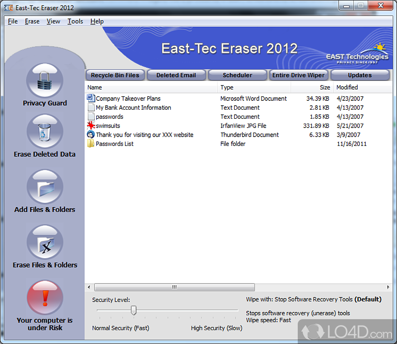 Protect privacy by securely wiping confidential documents - Screenshot of East-Tec Eraser
