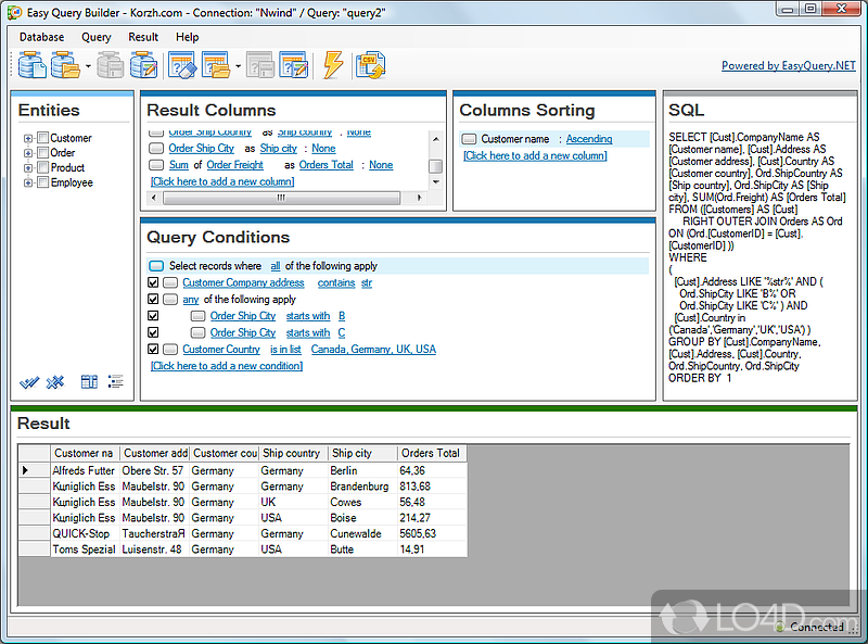 Build SQL queries by tinkering with some settings that automatically get adapted to valid SQL statements - Screenshot of Easy Query Builder