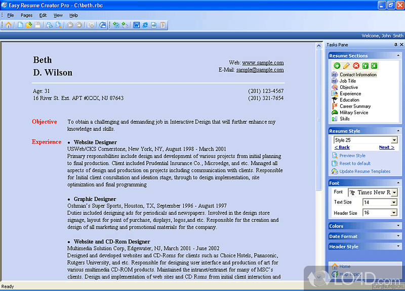 Resume building and career management tool - Screenshot of Easy Resume Creator Pro