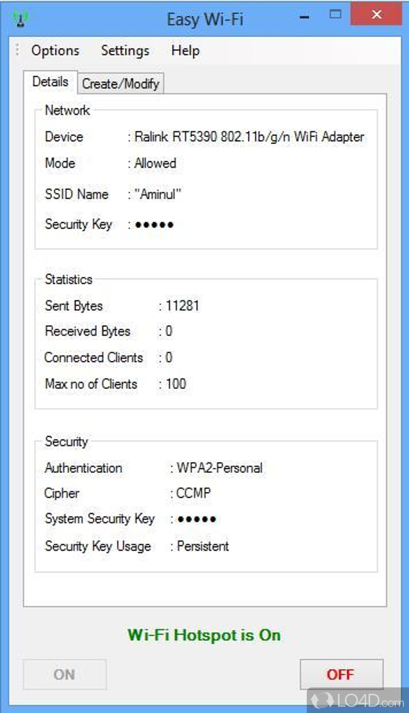 Transforms Windows system into a wireless hotspot - Screenshot of Easy Wi-Fi Portable