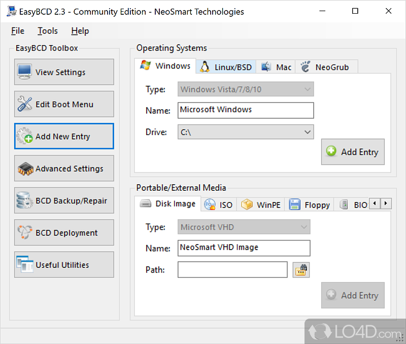 Configuration settings - Screenshot of EasyBCD Community Edition