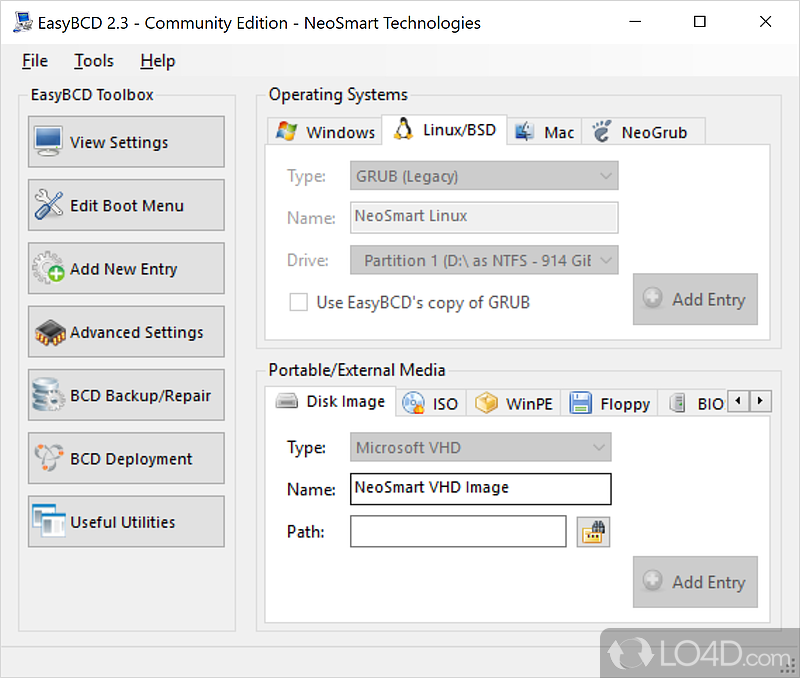 Adding new boot entries and other handy features - Screenshot of EasyBCD Community Edition