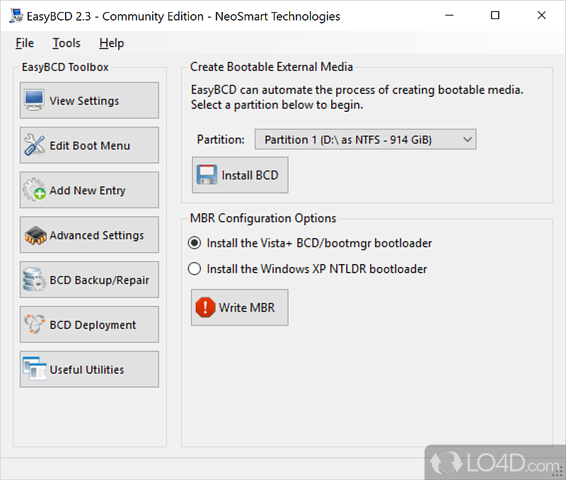 EasyBCD Community Edition: User interface - Screenshot of EasyBCD Community Edition