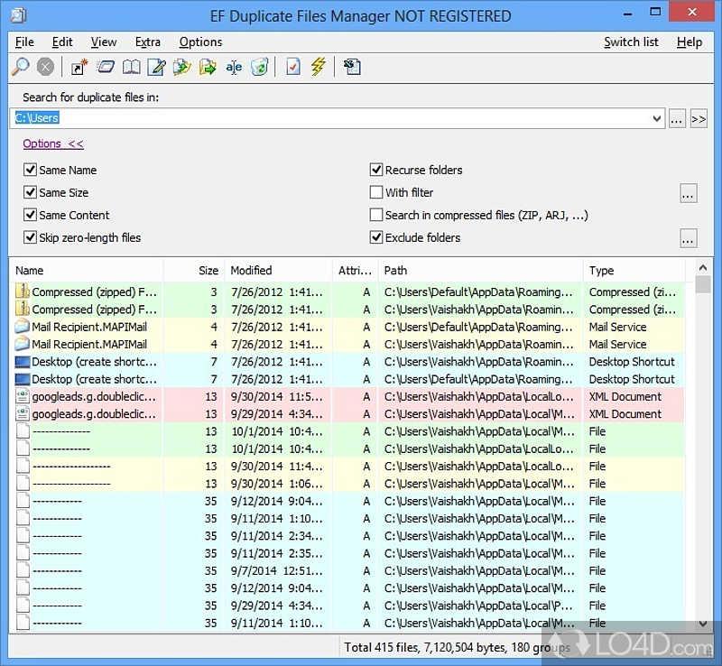 Find duplicate files based on filters of choice, such as name, size - Screenshot of EF Duplicate Files Manager