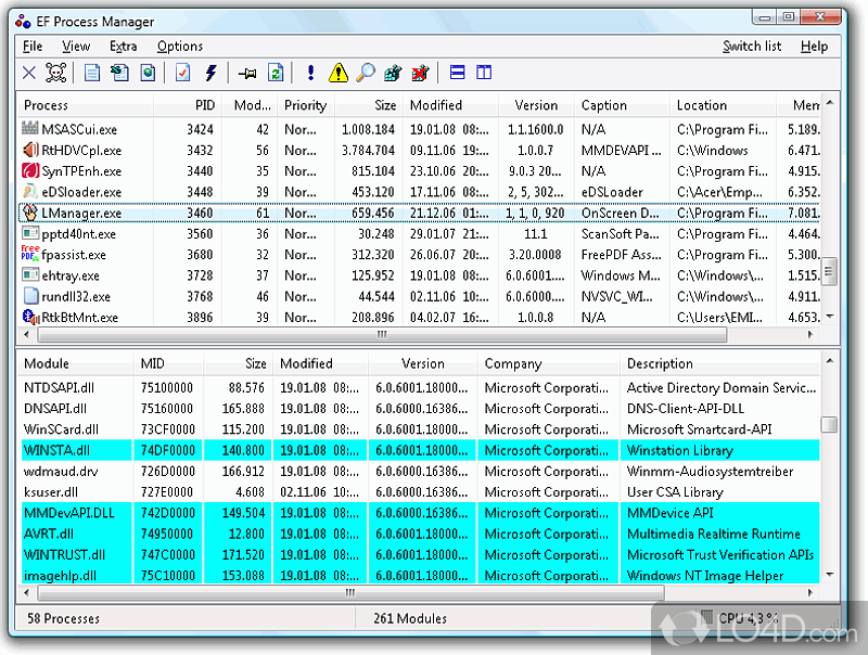 Shows you information about the modules and the processes that are currently running on computer - Screenshot of EF Process Manager