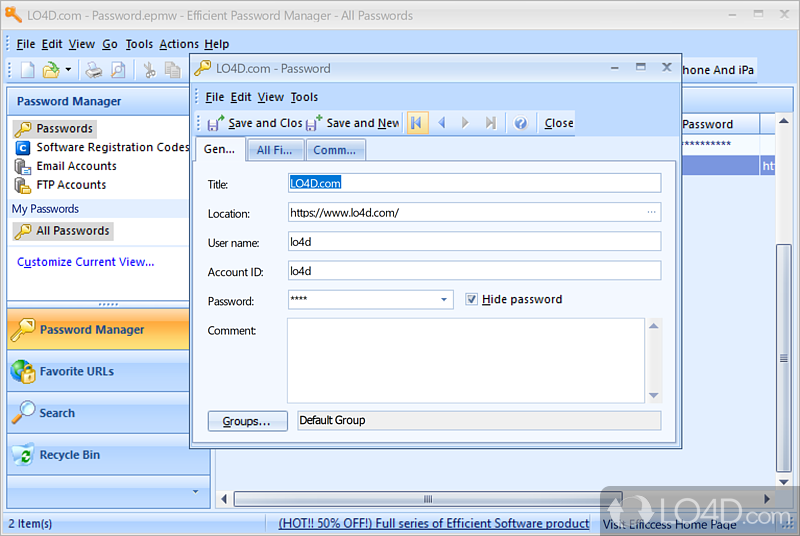 Password manager with a database protected by a master password - Screenshot of Efficient Password Manager