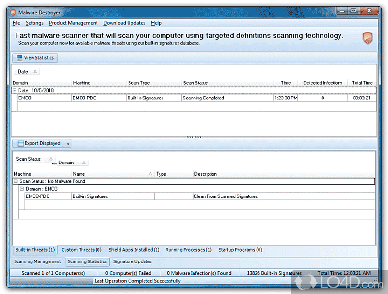 Quickly scan for, locate and remove malware from computer's system within a interface - Screenshot of EMCO Malware Destroyer