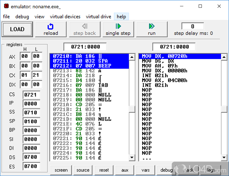 Emulator for microprocessor - Screenshot of Emu8086