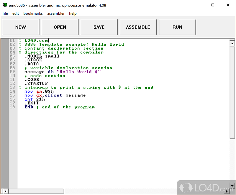 Emulator for the 8086 microprocessor that features a built-in assembler - Screenshot of Emu8086