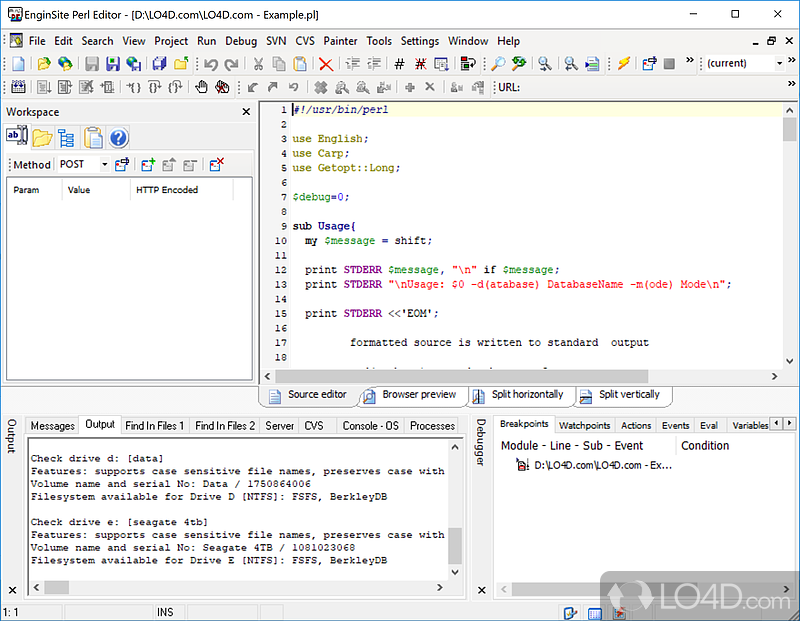 EngInSite Perl Editor Professional: User interface - Screenshot of EngInSite Perl Editor Professional