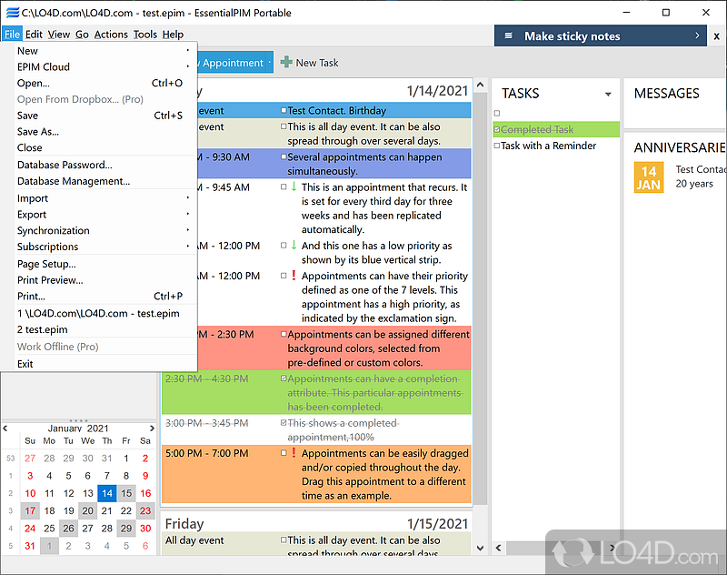 EssentialPIM Portable: User interface - Screenshot of EssentialPIM Portable