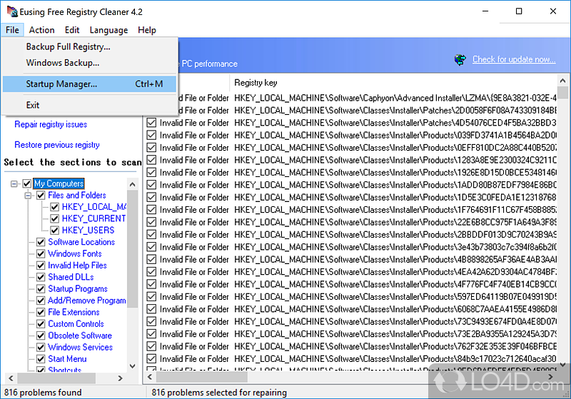 Clean GUI and selecting which entries to remove - Screenshot of Eusing Free Registry Cleaner