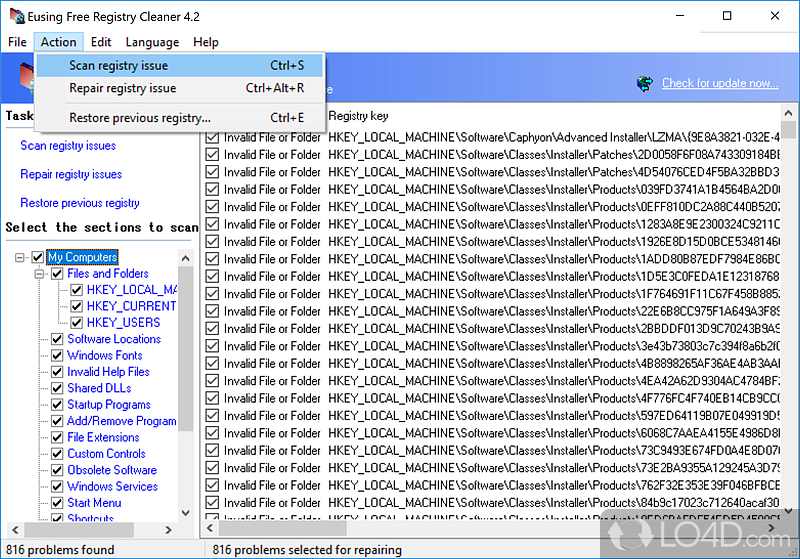 Automatically backup registry and manage startup items - Screenshot of Eusing Free Registry Cleaner
