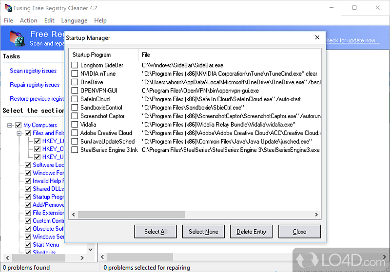 Save logs to the HDD and tweak other options - Screenshot of Eusing Free Registry Cleaner