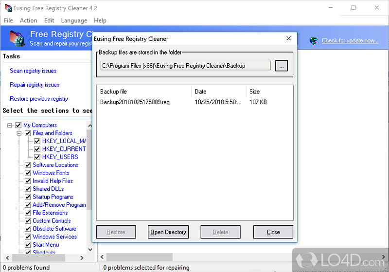 Eusing Free Registry Cleaner: User interface - Screenshot of Eusing Free Registry Cleaner