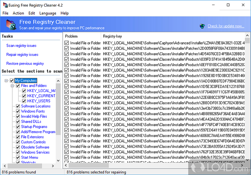 Scan Windows registry for invalid or obsolete information and view a list of detected errors - Screenshot of Eusing Free Registry Cleaner