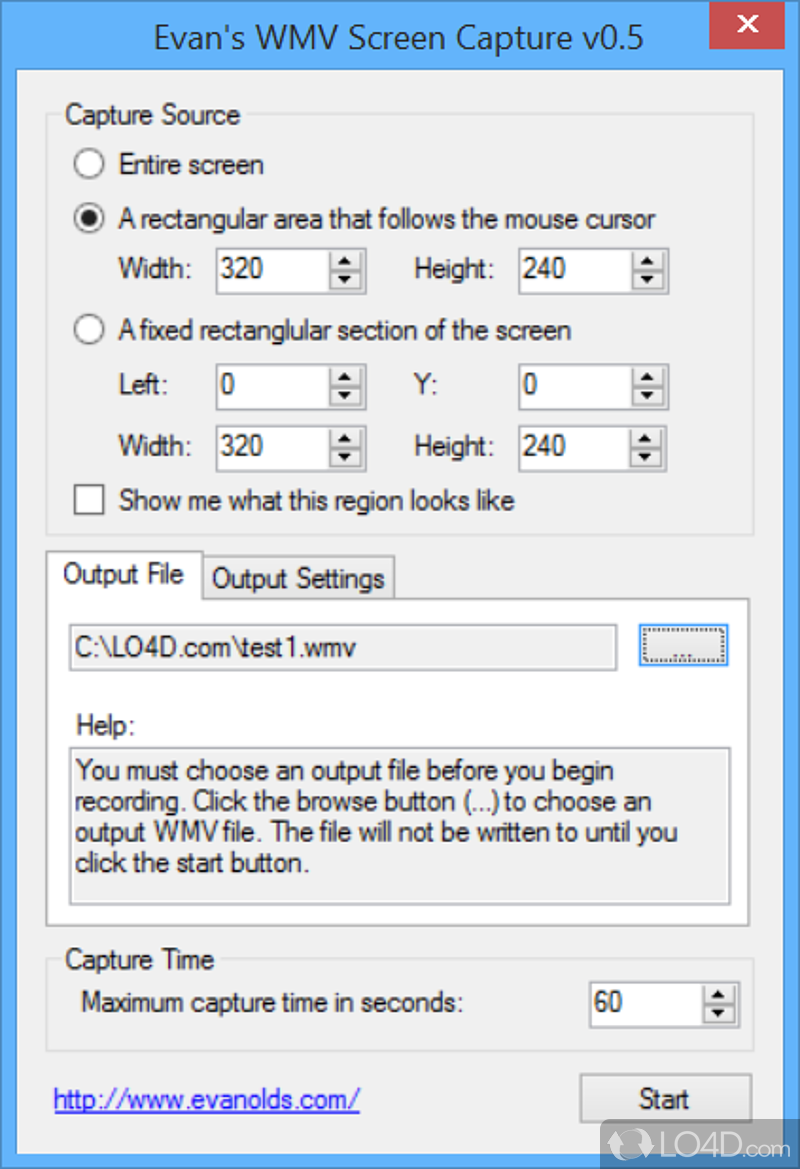 Tool for capturing the entire screen or just region to WMV format, with configurable output settings - Screenshot of Evan's WMV Screen Capture