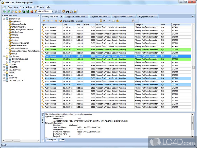 Analyze events from Windows event log - Screenshot of Event Log Explorer