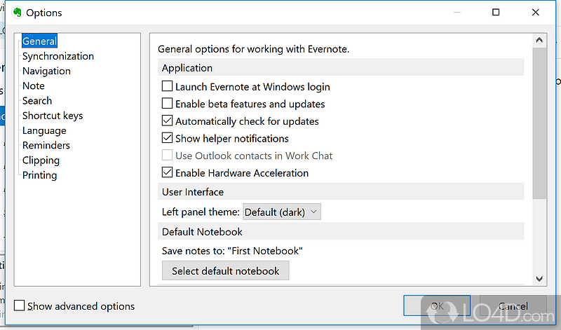 General options include how EverNote is displayed and also enables hardware acceleration - Screenshot of EverNote