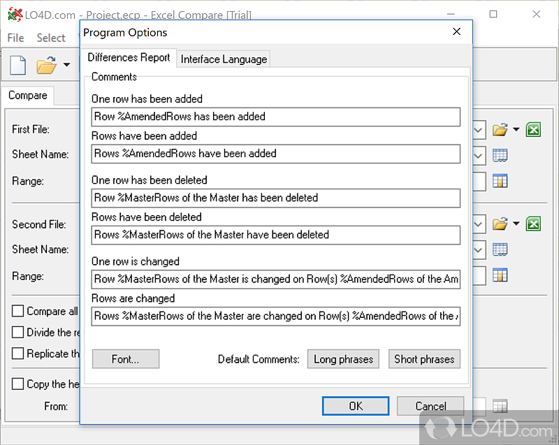 Excel Compare: User interface - Screenshot of Excel Compare