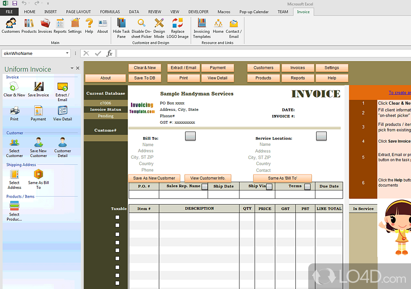 Invoice template that provides a Fill In The Blank invoice form in Excel - Screenshot of Excel Invoice Template