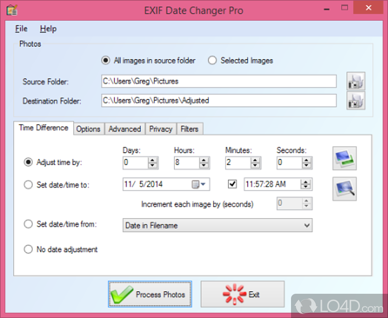 Adjust date and time information in images, batch rename files, add captions, watermarks and much more - Screenshot of EXIF Date Changer