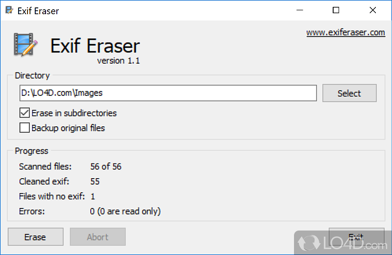 Clears all EXIF metadata from images inside a selected directory - Screenshot of EXIF Eraser