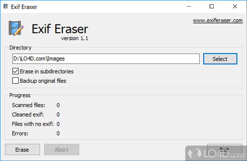 Quickly clears the EXIF data of all images found in a specified directory - Screenshot of EXIF Eraser