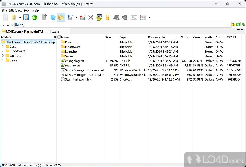 Utility for both extracting and creating file archives, with options for testing and repairing compression packages - Screenshot of Explzh