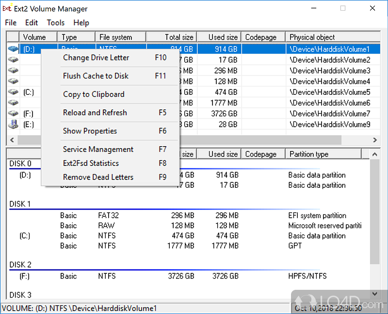 Mount a Linux ext2 or ext3 filesystem to Windows and access its files - Screenshot of Ext2 Volume Manager