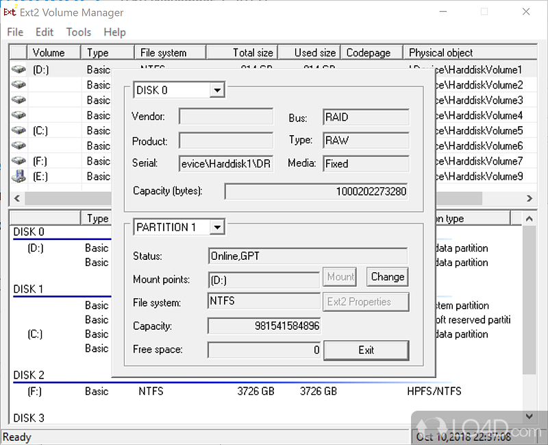 Ext2 Volume Manager: User interface - Screenshot of Ext2 Volume Manager