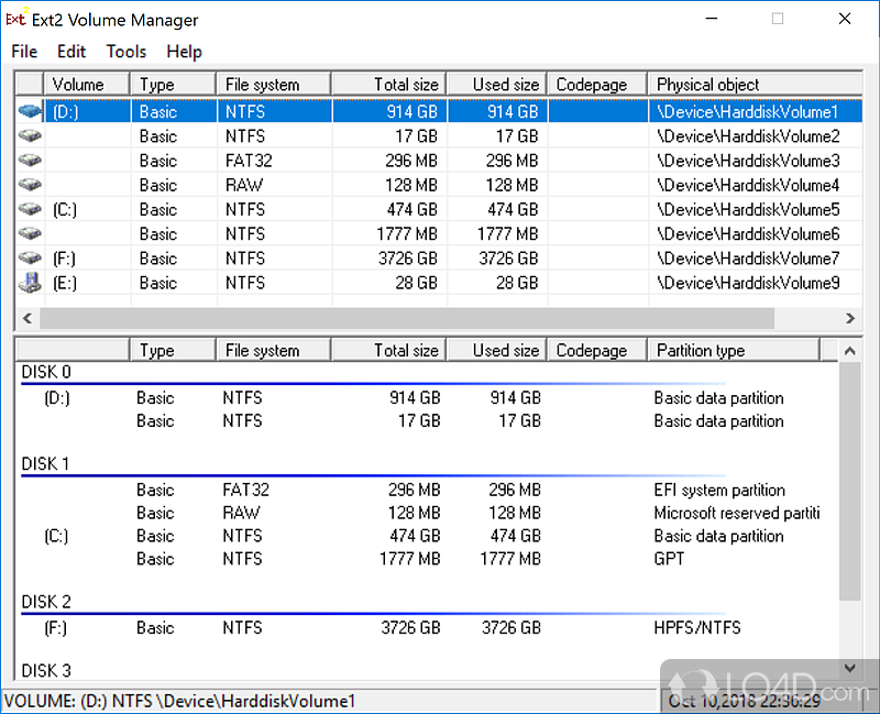 Enable Linux Ext3/4 partition on Windows - Screenshot of Ext2 Volume Manager