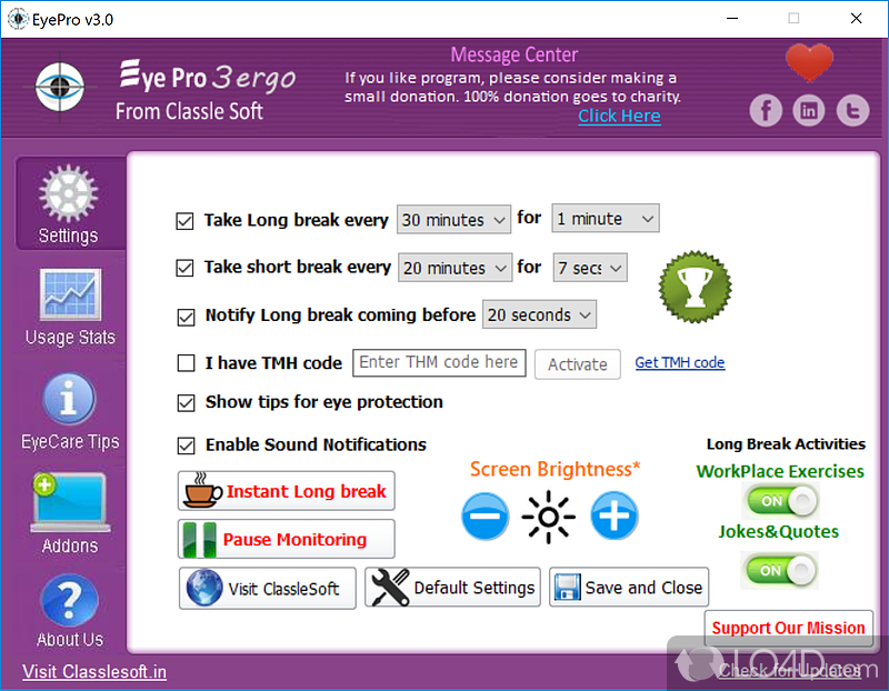 Helps to maintain the health of eyes by forcing you to take breaks at predefined time intervals - Screenshot of Eye Pro